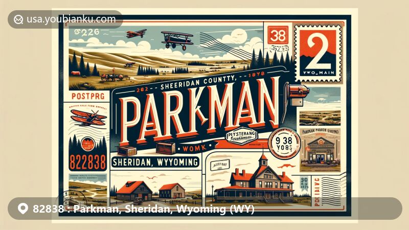 Modern illustration of Parkman, Sheridan County, Wyoming, showcasing postal theme with ZIP code 82838, featuring Parkman's geographical features and a vintage-style postcard layout.