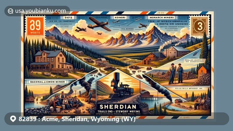 Modern illustration of Acme, Sheridan, Wyoming, blending coal mining history and natural beauty, featuring coal camps like Dietz, Kooi, Monarch, Acme, and Carneyville, Bighorn Mountains, vintage air mail envelope, Polish immigrant miners, Sheridan Inn, Trails End State Historic Site, and Mandel Cabin.