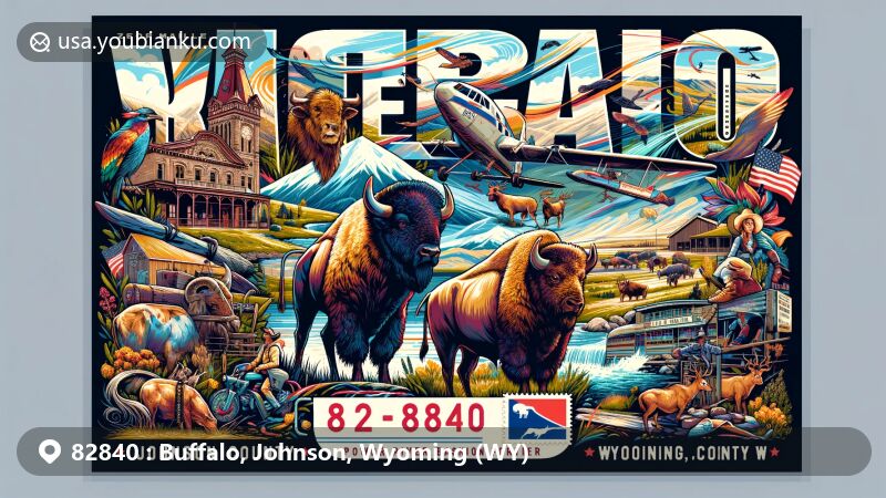 Modern illustration of Buffalo, Johnson County, Wyoming, showcasing postal theme with ZIP code 82840, featuring Jim Gatchell Memorial Museum and Big Horn Mountains.