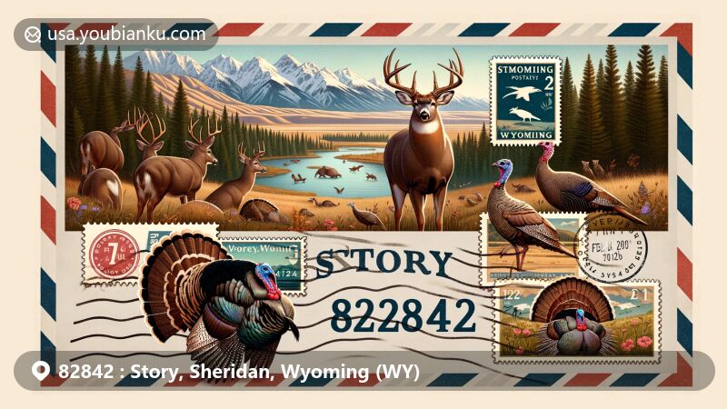 Modern illustration of Story, Wyoming, showing postal theme with ZIP code 82842, capturing scenic views of white-tailed deer and turkeys with the Bighorn Mountains in the background.