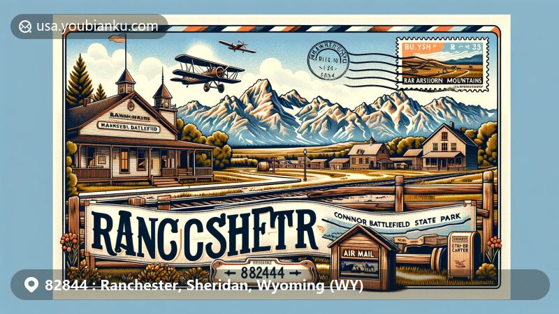 Modern illustration of Ranchester, Sheridan County, Wyoming, showcasing ZIP code 82844, featuring the town with the Bighorn Mountains in the background and elements symbolizing its Western and railroad heritage.