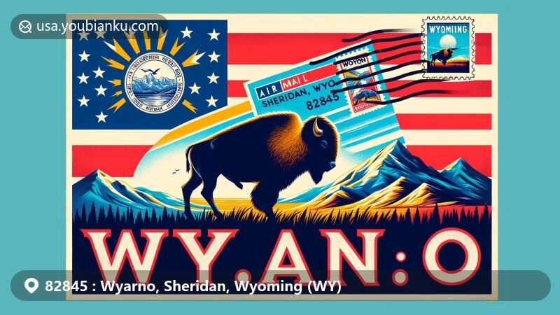 Modern illustration of Wyarno, Sheridan, Wyoming (WY), featuring postal theme with ZIP code 82845, showcasing state flag and Bighorn Mountains silhouette.