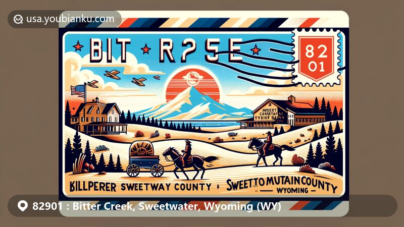 Modern illustration of Bitter Creek, Sweetwater County, Wyoming, highlighting Killpecker Sand Dunes, White Mountain Petroglyphs, Sweetwater County Historical Museum, Expedition Island, Pony Express, and Union Pacific Railroad, featuring ZIP code 82901.