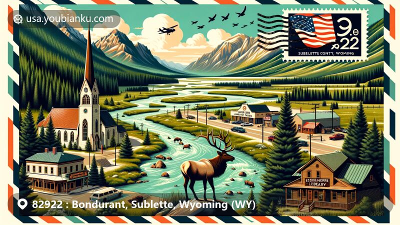 Contemporary illustration of Bondurant, Sublette County, Wyoming, featuring Hoback Basin's scenic beauty with Hoback River, lush greenery, and mountains. Includes St. Hubert the Hunter Church, Bondurant Library, elk wildlife, and postal theme elements like vintage stamp and Wyoming flag.