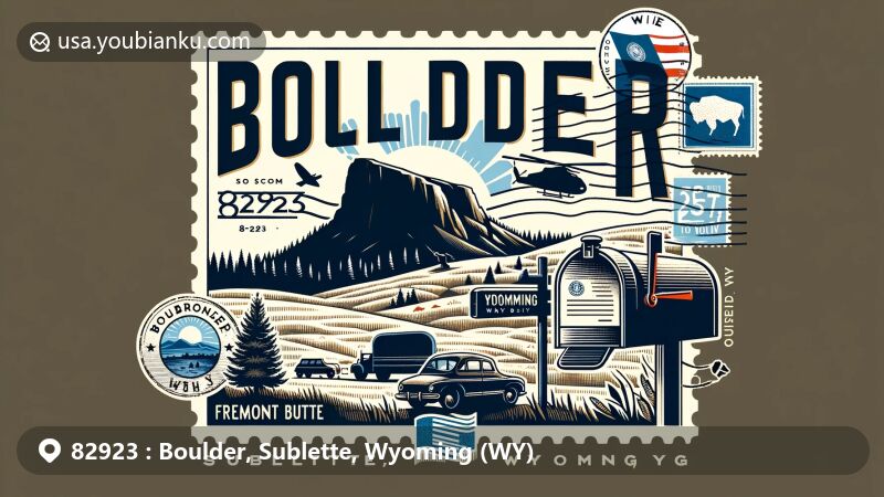 Modern illustration of Boulder, Sublette, Wyoming, with ZIP code 82923, featuring Fremont Butte silhouette and postcard design elements.