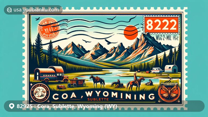 Modern illustration of Cora, Sublette County, Wyoming, featuring scenic beauty and outdoor activities, with a vintage postcard theme showcasing Wind River Mountains and ZIP code 82925.