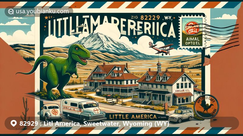 Modern illustration of Litl America, Sweetwater County, Wyoming, showcasing the Little America Hotel and Sinclair dinosaur, with airmail envelope displaying ZIP code 82929, vintage stamp, postmark, and county map in a vibrant style.