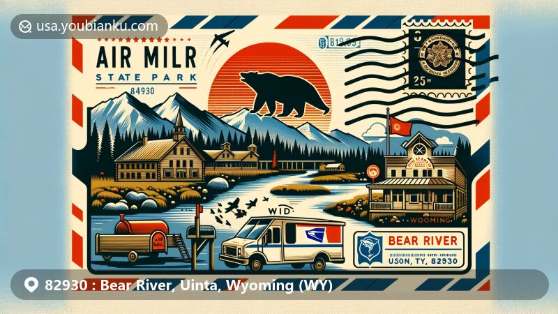 Modern illustration of Bear River, Uinta, Wyoming (ZIP code 82930), featuring Bear River State Park and Uinta Mountains with artistic airmail envelope showcasing Wyoming state symbols.
