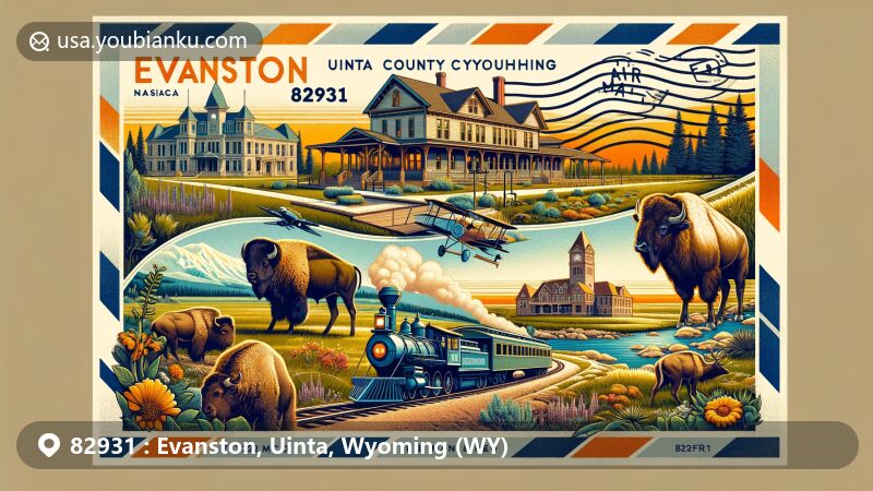 Modern illustration of Evanston, Uinta County, Wyoming, highlighting postal theme with ZIP code 82931, featuring Evanston Roundhouse, Bear River State Park wildlife, and Uinta County Courthouse.