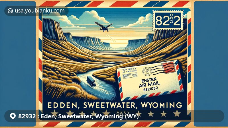 Modern illustration of Eden, Sweetwater County, Wyoming, with ZIP code 82932, showcasing natural beauty of Eden Valley against the backdrop of iconic wide-open landscapes, featuring vintage air mail envelope in foreground.