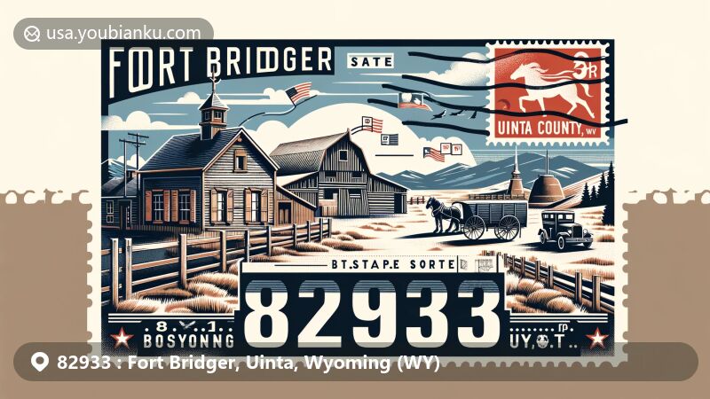Modern illustration of Fort Bridger, Uinta County, Wyoming, highlighting historical and postal themes, featuring Fort Bridger State Historic Site, Pony Express barn, Mormon protective wall, fur trade era representation, vintage postcard format, old-fashioned stamp with Fort Bridger, and postal mark with ZIP code 82933.
