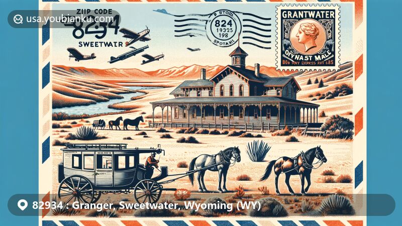 Modern illustration of Granger, Sweetwater County, Wyoming, showcasing postal and historical elements of ZIP code 82934, with Granger Station, Blacks Fork river, vintage airmail envelope, stamp, and postmark.