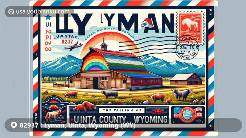 Modern illustration of Lyman, Uinta County, Wyoming, inspired by a postcard or air mail envelope, showcasing landmarks and symbols like the Lyman Heritage Barn and Wyoming state flag, capturing ranching heritage and scenic beauty with Uinta Mountains backdrop.