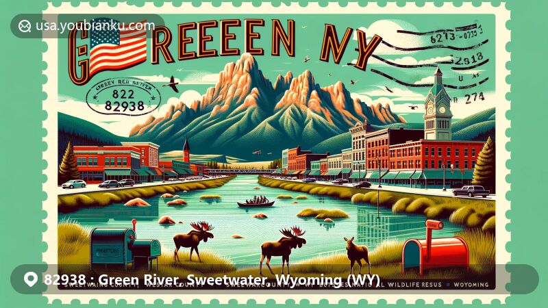Illustration of Green River, Sweetwater County, Wyoming, capturing its natural beauty, historical significance, and local features, including the iconic Green River, railroad history, Green River Downtown Historic District, local wildlife like moose, Seedskadee National Wildlife Refuge, diverse climate, and a creatively designed postcard overlay with Wyoming state flag and postal symbols.