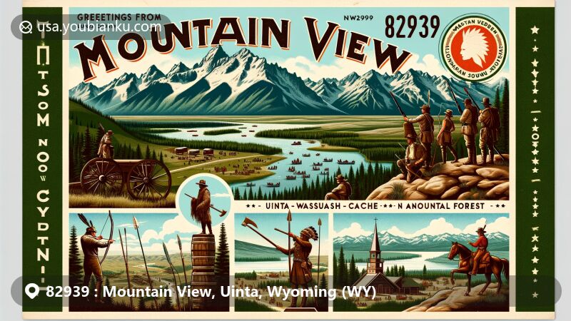 Vintage-style illustration of Mountain View, Uinta County, Wyoming, set as a postcard for ZIP code 82939, showcasing Uinta Mountains, Fort Bridger, and Mountain Man Rendezvous against Uinta-Wasatch-Cache National Forest.