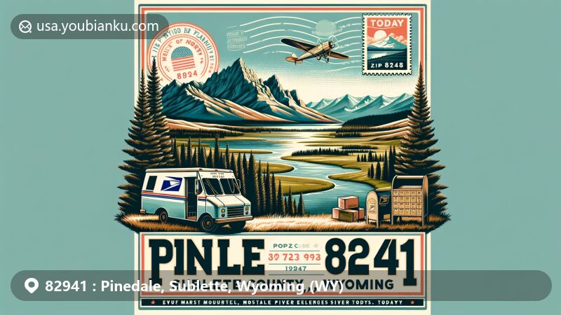 Modern illustration of Pinedale, Sublette County, Wyoming, highlighting postal theme with ZIP code 82941, showcasing Squaretop Mountain, Green River Lakes, vintage airmail envelope, postmark stamp, mailbox, postal van, and Wind River Range.