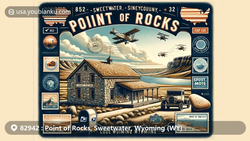 Modern illustration of Point of Rocks, Sweetwater County, Wyoming, showcasing postal elements with ZIP code 82942, featuring the historic Stage Station and Wyoming state symbols.