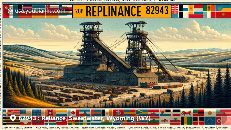 Modern illustration of Reliance, Sweetwater County, Wyoming, capturing coal mining heritage with diverse cultural symbols, set in a landscape-oriented postcard design.