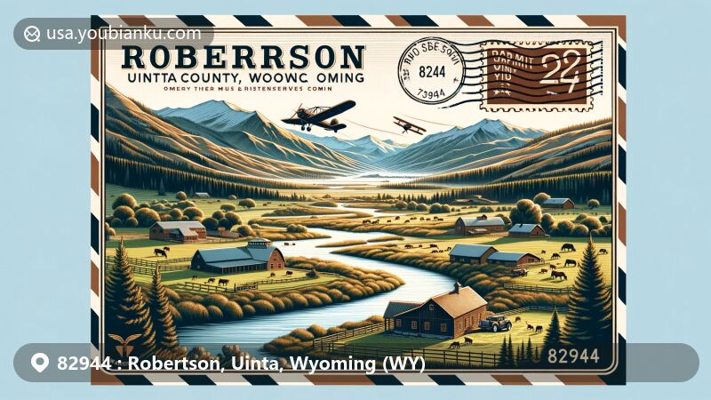 Modern illustration of Robertson, Uinta County, Wyoming, capturing rural beauty in Wind River Valley with mountains, rivers, and cattle ranch, overlaid with vintage airmail envelope showcasing ZIP code 82944.