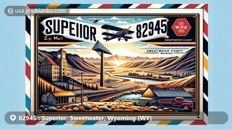 Modern illustration of Superior, Sweetwater County, Wyoming, featuring vintage air mail envelope with ZIP code 82945, showcasing mining heritage with abandoned mines, restored Union Hall, and concrete arrow, set against Wyoming's natural beauty.