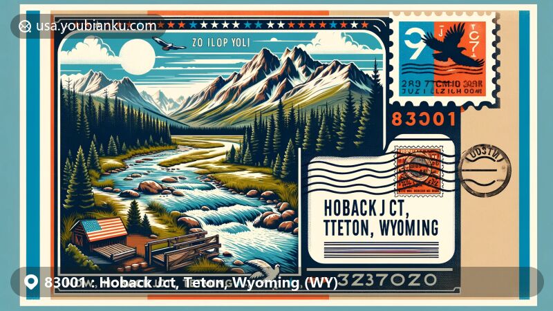 Modern illustration of Hoback Jct, Teton, Wyoming, highlighting Bridger-Teton National Forest, Hoback River, Granite Creek, Granite Hot Springs, and Granite Falls, with a vintage postal theme showcasing ZIP Code 83001 and Wyoming state flag.