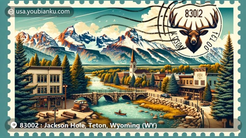 Modern illustration of Jackson Hole, Teton County, Wyoming, featuring Grand Teton National Park, Antler Arches, outdoor activities, and cultural landmarks, with postal elements like postcard border, Grand Tetons stamp, and Jackson, WY 83002 postmark.
