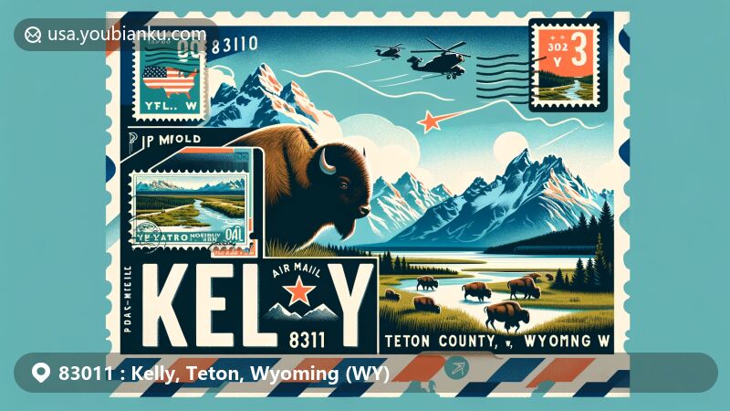 Modern illustration of Kelly, Teton County, Wyoming, highlighting Grand Teton Mountains, bison, postal theme with ZIP code 83011, and scenic beauty.