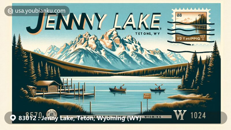Modern illustration of Jenny Lake, Teton, Wyoming (WY), highlighting the scenic beauty of the Teton Range with Teewinot Mountain and Mount St. John, featuring a stylized postcard layout with postal elements.