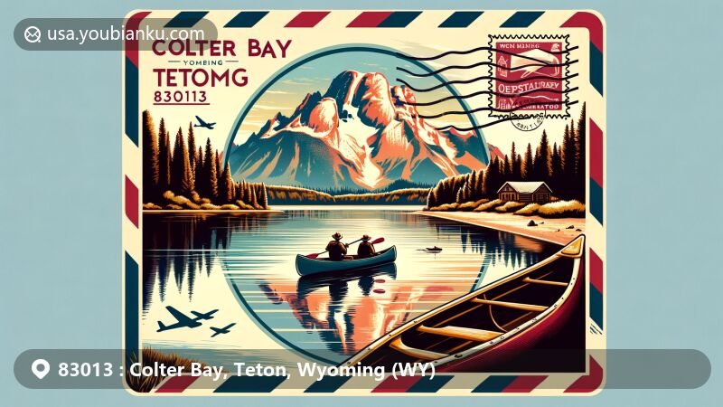 Modern illustration of Colter Bay, Teton County, Wyoming, capturing scenic beauty with focus on Mount Moran, reflected in Jackson Lake, featuring canoe on tranquil waters. Vintage airmail envelope with Wyoming state flag and ZIP Code 83013.