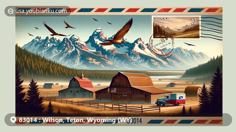 Modern illustration of Wilson, Teton County, Wyoming, featuring a scenic postal theme with the ZIP code 83014, showcasing the iconic Hardeman Barns of the Teton Raptor Center and symbolic connection to Grand Teton National Park.