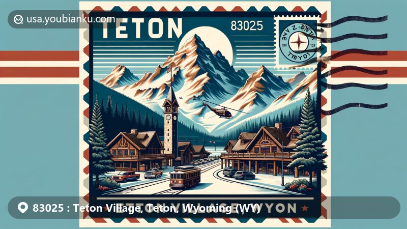 Modern illustration of Teton Village, Teton, Wyoming, showcasing postal theme with ZIP code 83025, featuring Teton mountains, outdoor activities, clock tower, and tram station.
