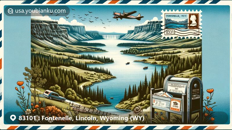 Modern illustration of Fontenelle, Lincoln, Wyoming, showcasing postal theme with ZIP code 83101, featuring Fontenelle Reservoir, Lincoln County landscapes, Wyoming state flag, and local wildlife or flora.