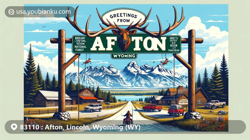 Modern illustration of Afton, Wyoming, capturing the essence of ZIP code 83110 with Elk Antler Arch, Bridger-Teton National Forest, Snake River, and Greys River Trailhead, set against a backdrop of snow-capped mountains.