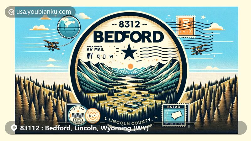 Modern illustration of Bedford, Lincoln County, Wyoming (WY), highlighting the Star Valley, forested mountains, and postal theme with ZIP code 83112, symbolizing heavy snowfall and warm-summer humid continental climate.