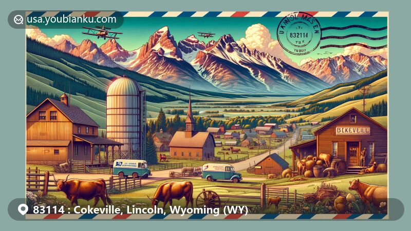 Modern illustration of Cokeville, Lincoln County, Wyoming, capturing the town's history and attractions against the backdrop of the Rocky Mountains, showcasing symbols of cattle ranching, agriculture, and Pine Creek Ski Resort.