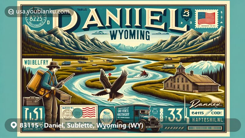 Modern illustration of Daniel, Sublette County, Wyoming, capturing the natural beauty and postal heritage of the area, featuring the Wind River Mountains, Gros Ventre Range, Green River, historic mail carrier, and Daniel Fish Hatchery.