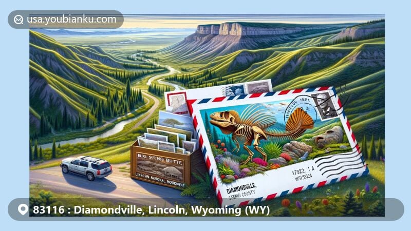 Vibrant illustration of Diamondville, Lincoln County, Wyoming, with ZIP code 83116, showcasing natural beauty and postal themes, featuring Fossil Butte National Monument and Miners Memorial Park.