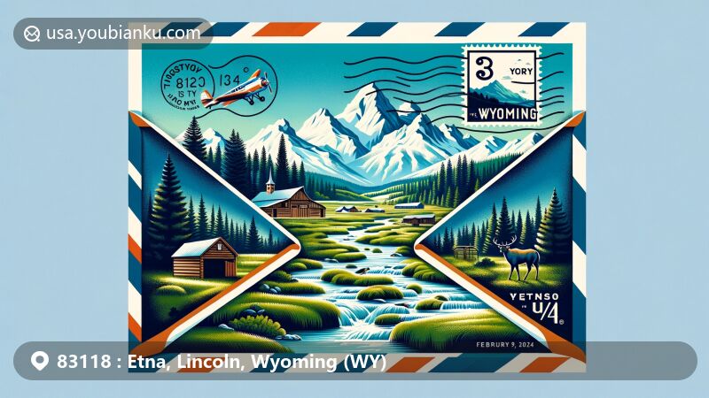Modern illustration of Etna, Lincoln County, Wyoming, showcasing postal theme with ZIP code 83118, featuring picturesque Star Valley and iconic Wyoming symbols.