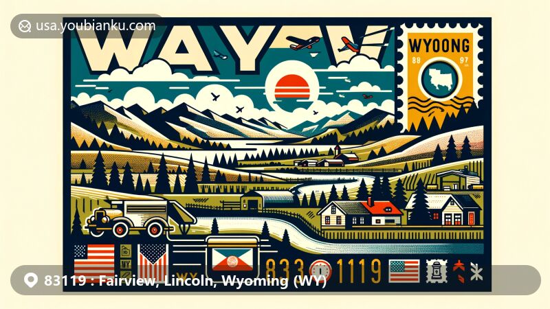 Modern illustration of Fairview, Lincoln County, Wyoming, highlighting ZIP code 83119 with state flag, county outline, stamp, postmark, and mailbox, showcasing scenic elevated views and Wyoming symbols.