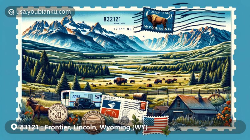 Contemporary illustration of the Frontier area in Lincoln County, Wyoming, blending local geography with postal themes, showcasing the state's mountainous landscapes and natural beauty surrounding ZIP code 83121.