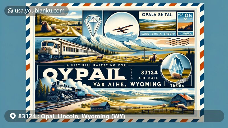 Modern illustration of Opal, Wyoming, blending scenic beauty with postal theme, highlighting Lake Gosiute geology, historic railroad significance, and trona natural resources.
