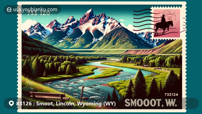 Modern illustration of Smoot, Lincoln County, Wyoming, showcasing postal theme with ZIP code 83126, featuring Salt River, Rocky Mountain peaks, and snowy landscapes.