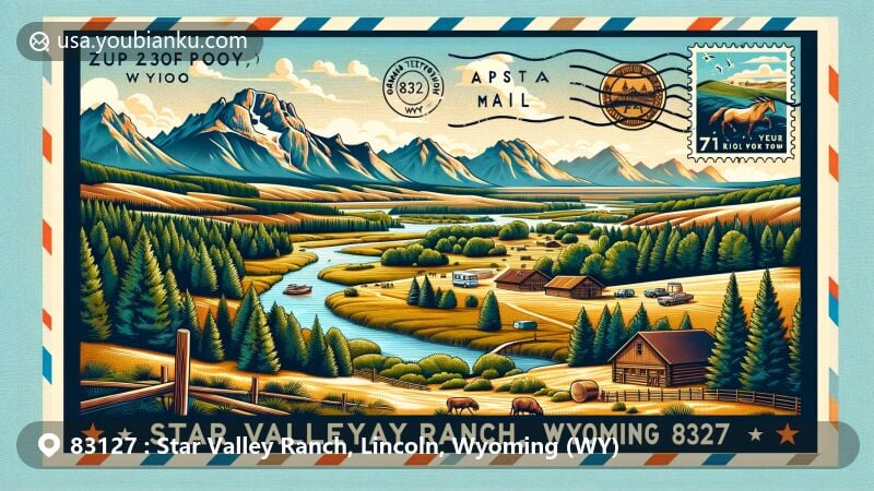 Modern illustration of Star Valley Ranch, Wyoming, showcasing natural beauty with rolling hills, forested mountains, and outdoor activities near Grand Teton and Yellowstone National Parks. Features vintage airmail envelope with local landmarks or wildlife and emphasizes postal code 83127 and 'Star Valley Ranch, WY'.