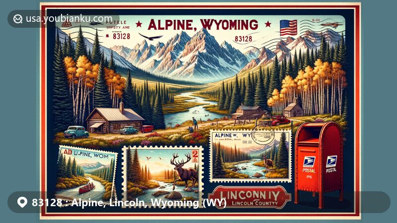 Modern illustration of Alpine, Lincoln County, Wyoming, featuring postal theme with ZIP code 83128, blending scenic beauty with postal heritage amidst the Rocky Mountains and Snake River Canyon, showcasing outdoor activities and local wildlife.