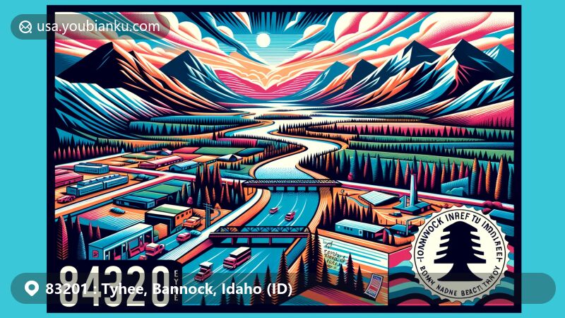 Modern illustration of Tyhee, Bannock County, Idaho, integrating geographical, cultural, and postal themes with ZIP code 83201, showcasing Portneuf River, mountains, and Bannock Indian heritage symbols.
