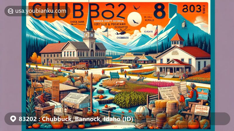 Modern illustration of Chubbuck, Bannock County, Idaho, portraying postcard style design with landmarks like Bannock County Historical Museum, Fort Hall Replica, and Old Town Pocatello, integrating cultural elements like Shoshone-Bannock Tribal Museum and Swore Farms' agricultural themes.