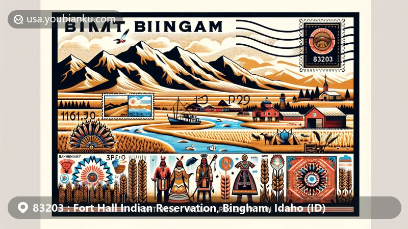 Modern illustration of Fort Hall Indian Reservation, Bingham, Idaho, for ZIP code 83203, portraying landscape with Snake River Plain and Mount Putnam, featuring Shoshone-Bannock Tribes' cultural elements and economy symbols like agriculture and casino.