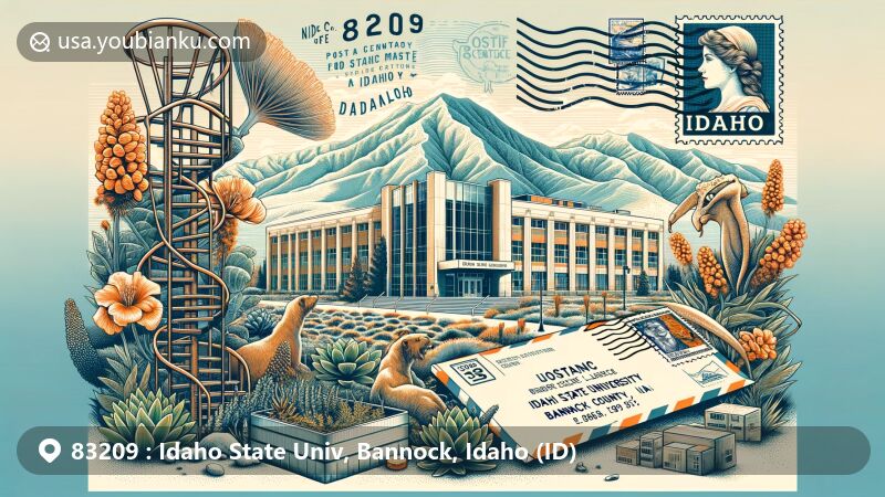 Modern illustration of Idaho State University, Pocatello, Idaho, featuring the Gale Life Science (Biology) building, Rocky Mountains flora, vintage air mail elements, and Idaho symbolism, reflecting academic and natural beauty.