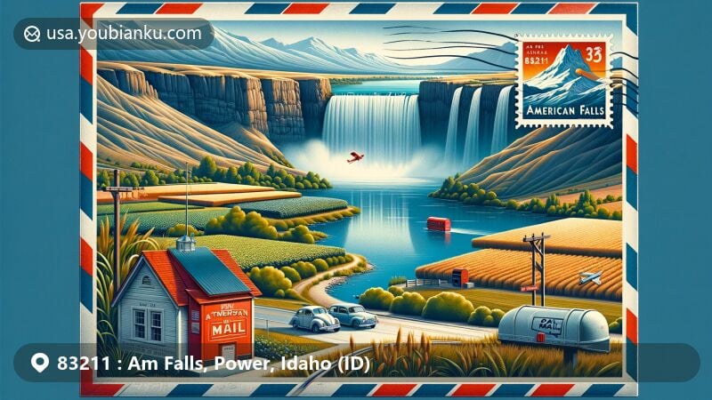 Modern illustration of American Falls, Idaho, representing ZIP code 83211, showcasing Snake River, American Falls Reservoir, and airmail envelope with scenic postcard, vintage postage stamp, postal mark, and red mailbox.