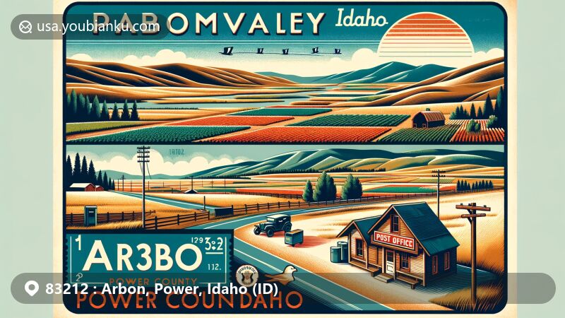 Modern illustration of Arbon, Power County, Idaho, showcasing rural landscape with semi-arid climate, rolling hills, and vintage postcard elements like old-fashioned post office and state outline, highlighting ZIP code 83212 and Arbon's historical essence and natural beauty.